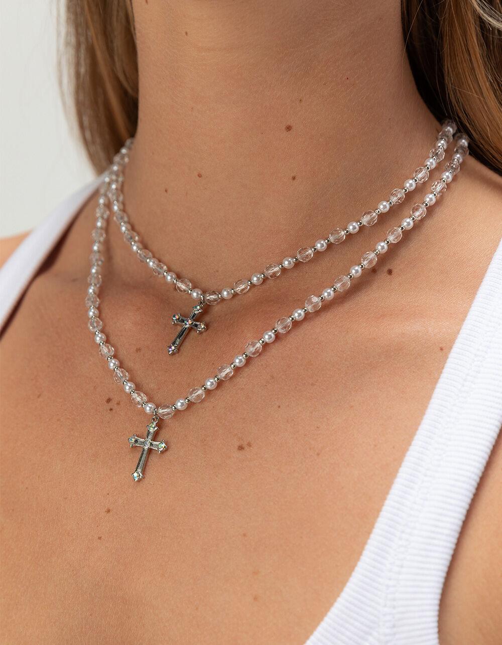 FULL TILT Beaded/Pearl Layered Cross Necklace - SILVER Product Image
