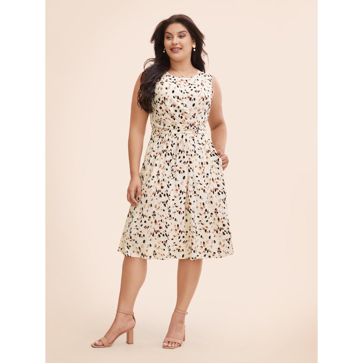 Plus Size Allover Print Pocket Flutter Crossover Ruched Tank Dress Apricot Women Elegant Twist Round Neck Sleeveless Curvy Midi Dress BloomChic 28/5X Product Image