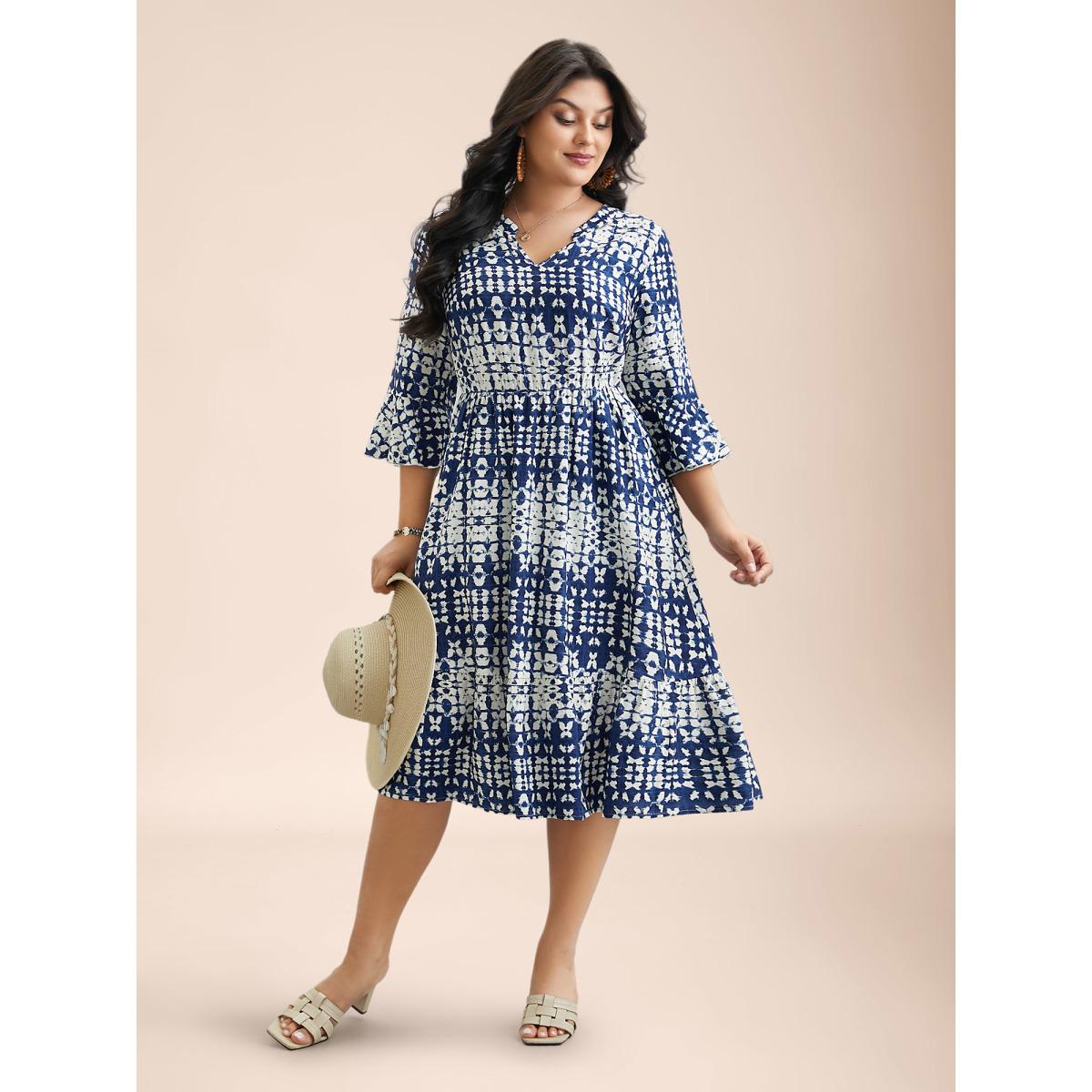 Plus Size Tie-Dye Notched Collar Ruffle Tiered Midi Dress Indigo Women Resort Ruffles Notched collar Elbow-length sleeve Curvy BloomChic 22-24/3X Product Image