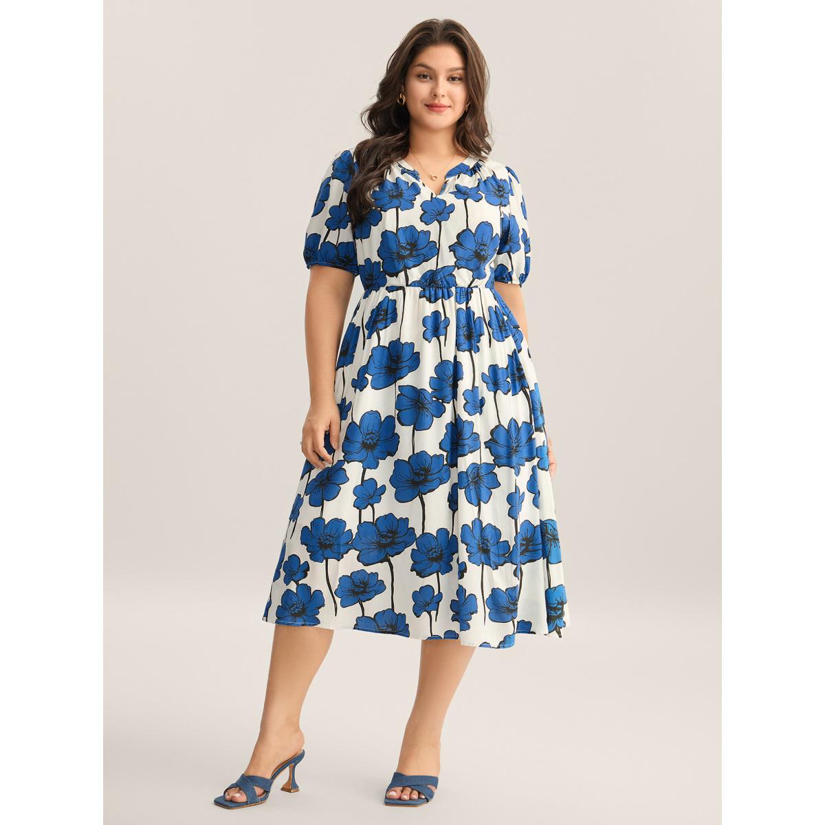 Plus Size Large Floral Print Notched Collar Midi Dress Mediumblue Women Timeless Notched collar Short sleeve Curvy BloomChic 30/6X Product Image