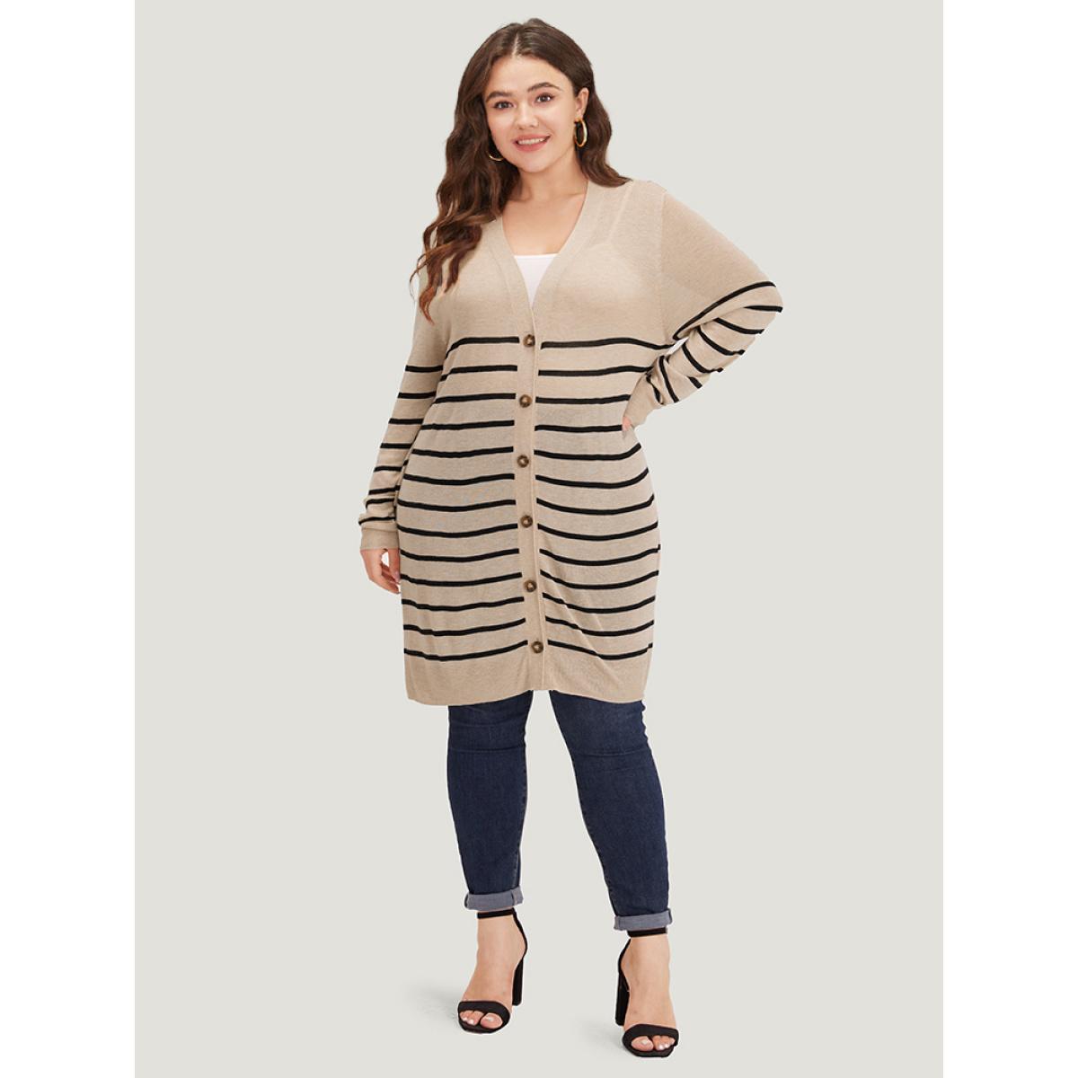 Plus Size Supersoft Essentials Striped Button Fly Tunic Cardigan Champagne Women Casual Loose Long Sleeve Dailywear Cardigans BloomChic 12/L Product Image