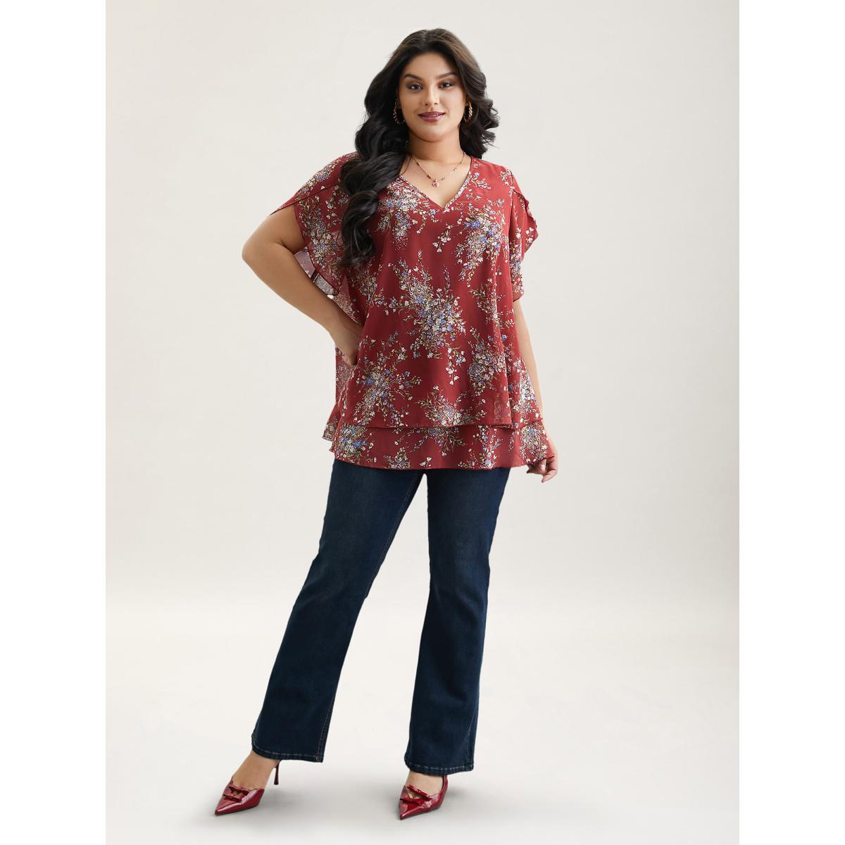 Plus Size Scarlet Floral Print Petal Sleeve Layered Blouse Women Romantic Half Sleeve V-neck Elegant Blouses BloomChic 28/5X Product Image