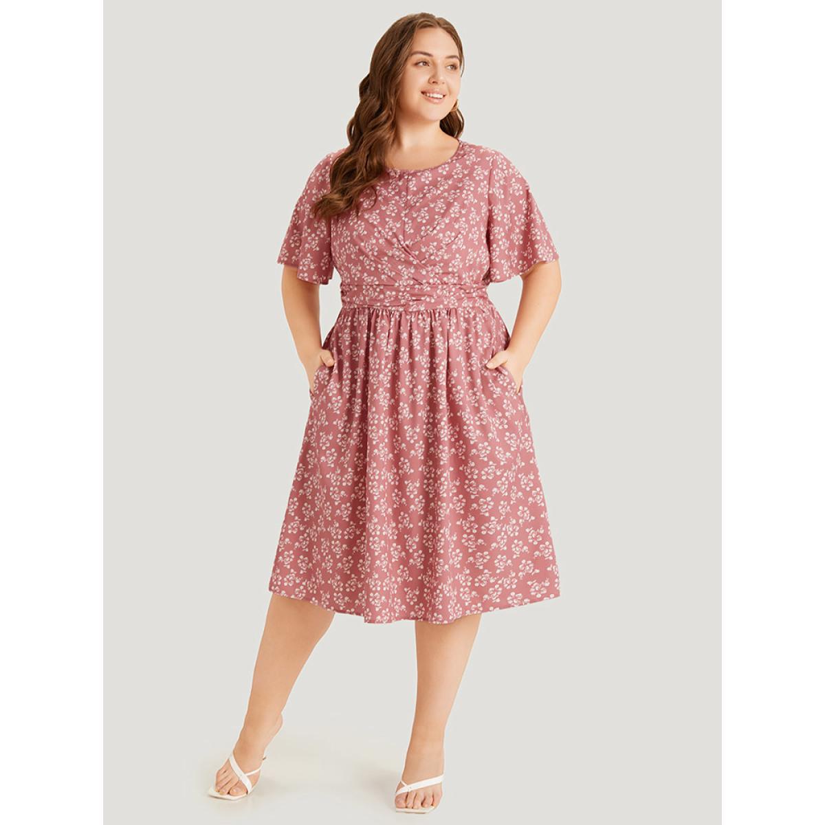 Plus Size Ditsy Floral Pocket Crossover Elastic Waist Dress DustyPink Women Elegant Printed Round Neck Short sleeve Curvy Midi Dress BloomChic 10/M Product Image