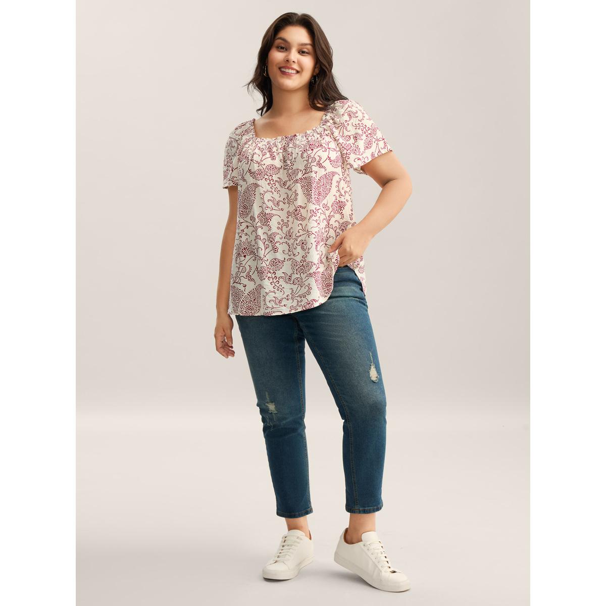 Plus Size Ivory Floral Print Shirred Neck Flowy Blouse Women Short sleeve Square Neck Vacation Blouses BloomChic 28/5X Product Image