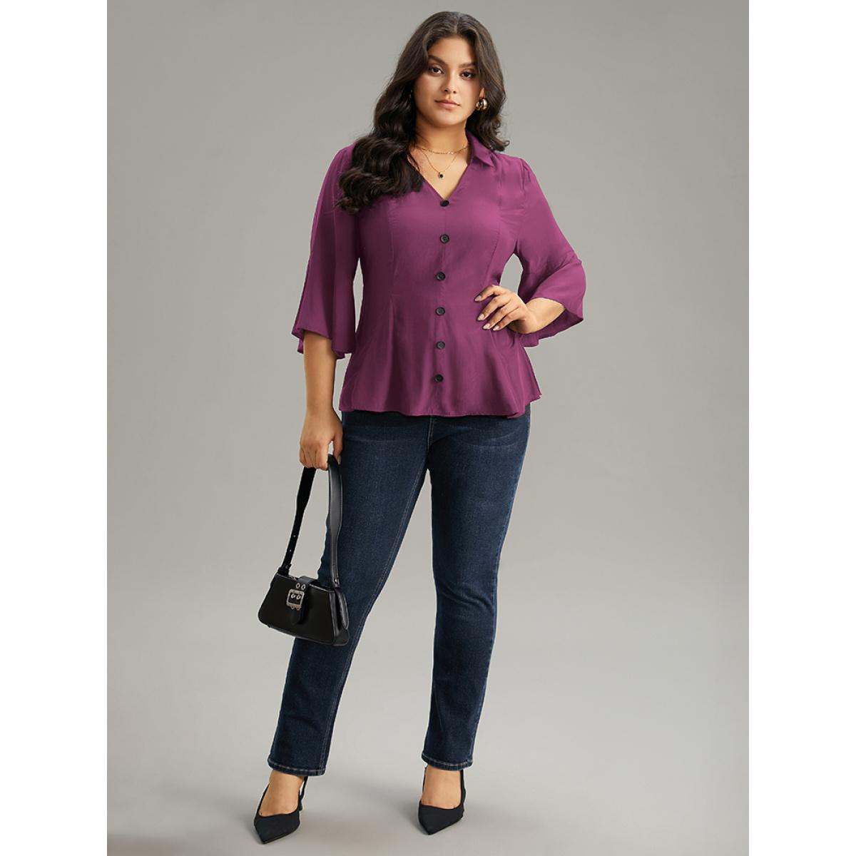 Plus Size Purple Plain Button Detail Bell Sleeve Blouse Women Office Elbow-length sleeve Shirt collar Work Blouses BloomChic 28/5X Product Image