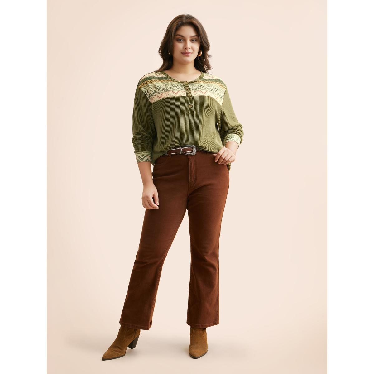 Plus Size Bandana Patchwork Button Up T-shirt ArmyGreen Women Casual Texture Round Neck Everyday T-shirts BloomChic 26/4X Product Image