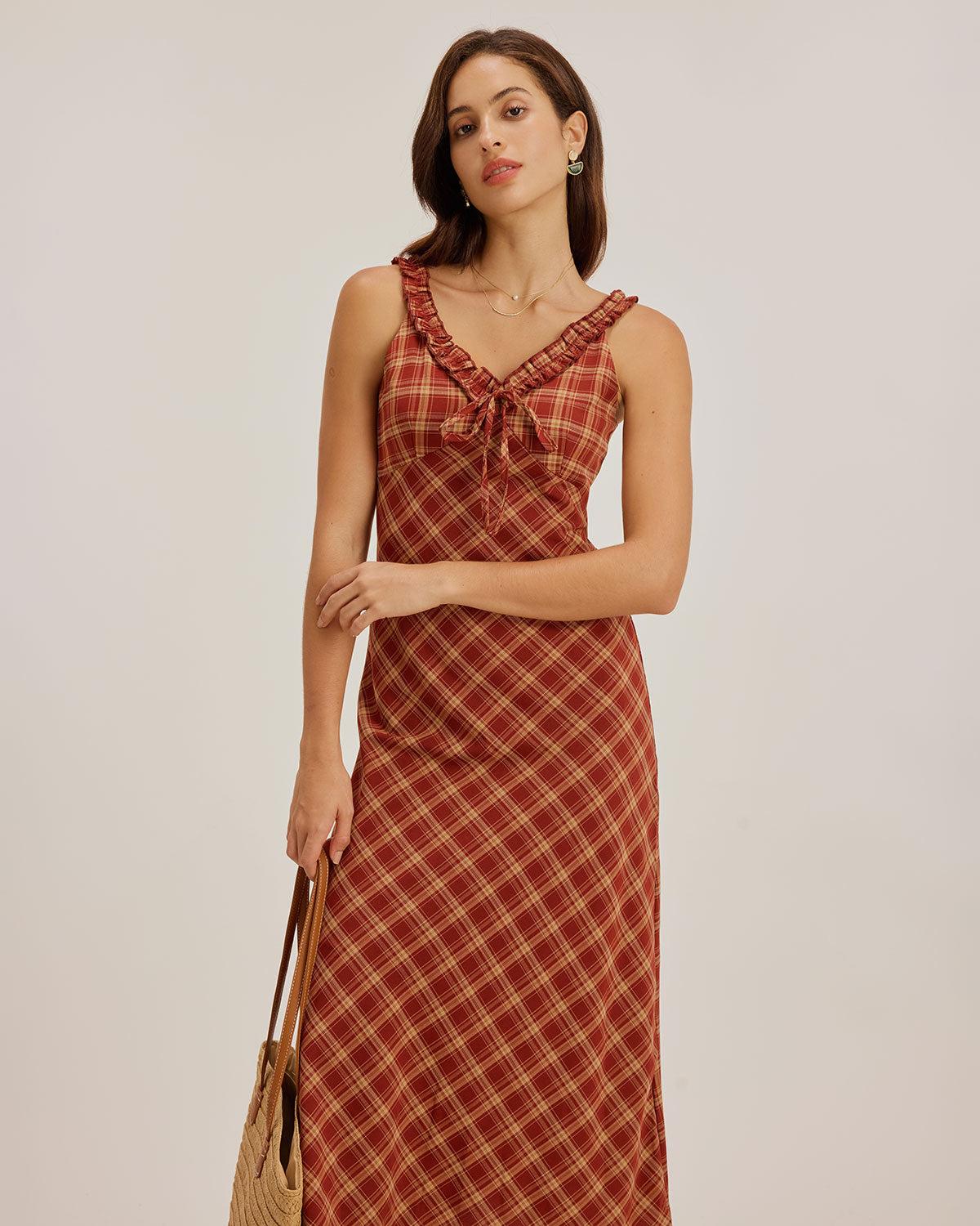 Red Plaid V Neck Slip Maxi Dress Product Image