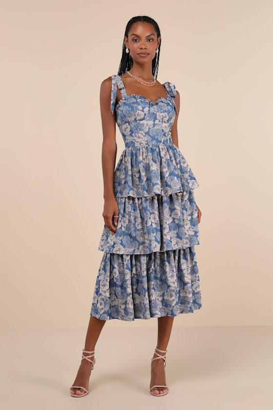 Lovely Bliss Blue Floral Jacquard Strapless Bustier Midi Dress Product Image