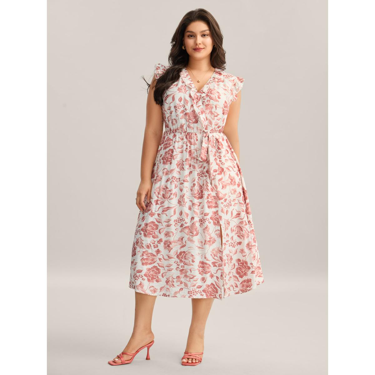 Plus Size Monochrome Floral Print Ruffled Midi Dress Rouge Women Overlap Collar Sleeveless Curvy BloomChic 28/5X Product Image