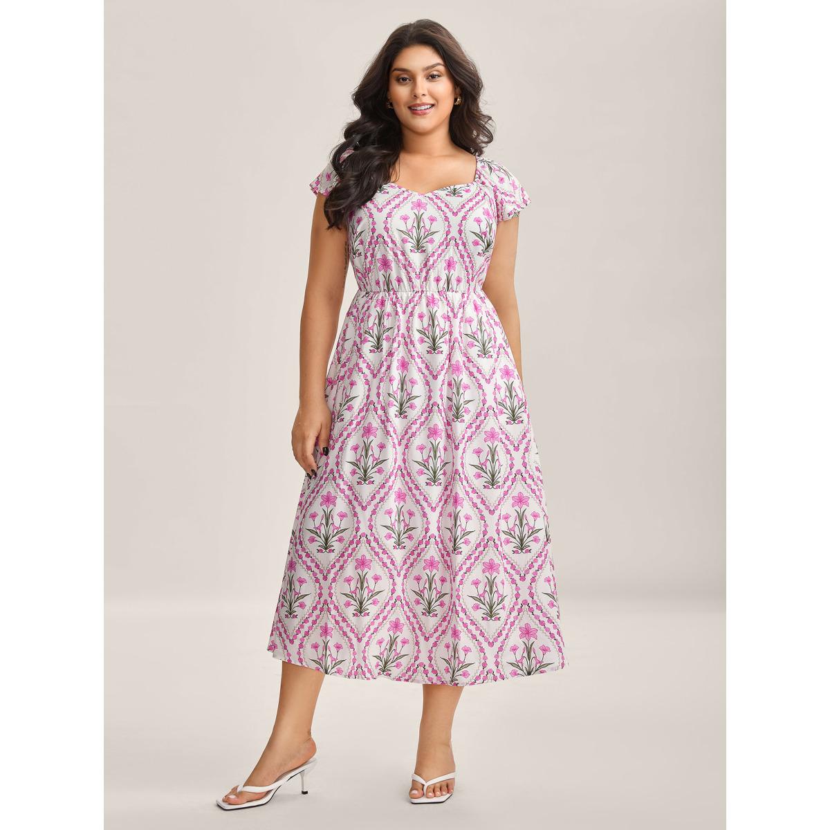 Plus Size Floral Print Pockets Midi Dress Lilac Women Heart neckline Cap Sleeve Curvy BloomChic 28/5X Product Image