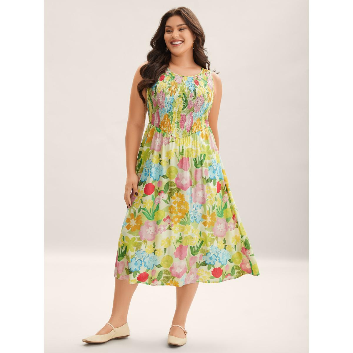 Plus Size Neon Heartbeat Floral Shirred Midi Dress Multicolor Women Round Neck Sleeveless Curvy BloomChic 18-20/2X Product Image