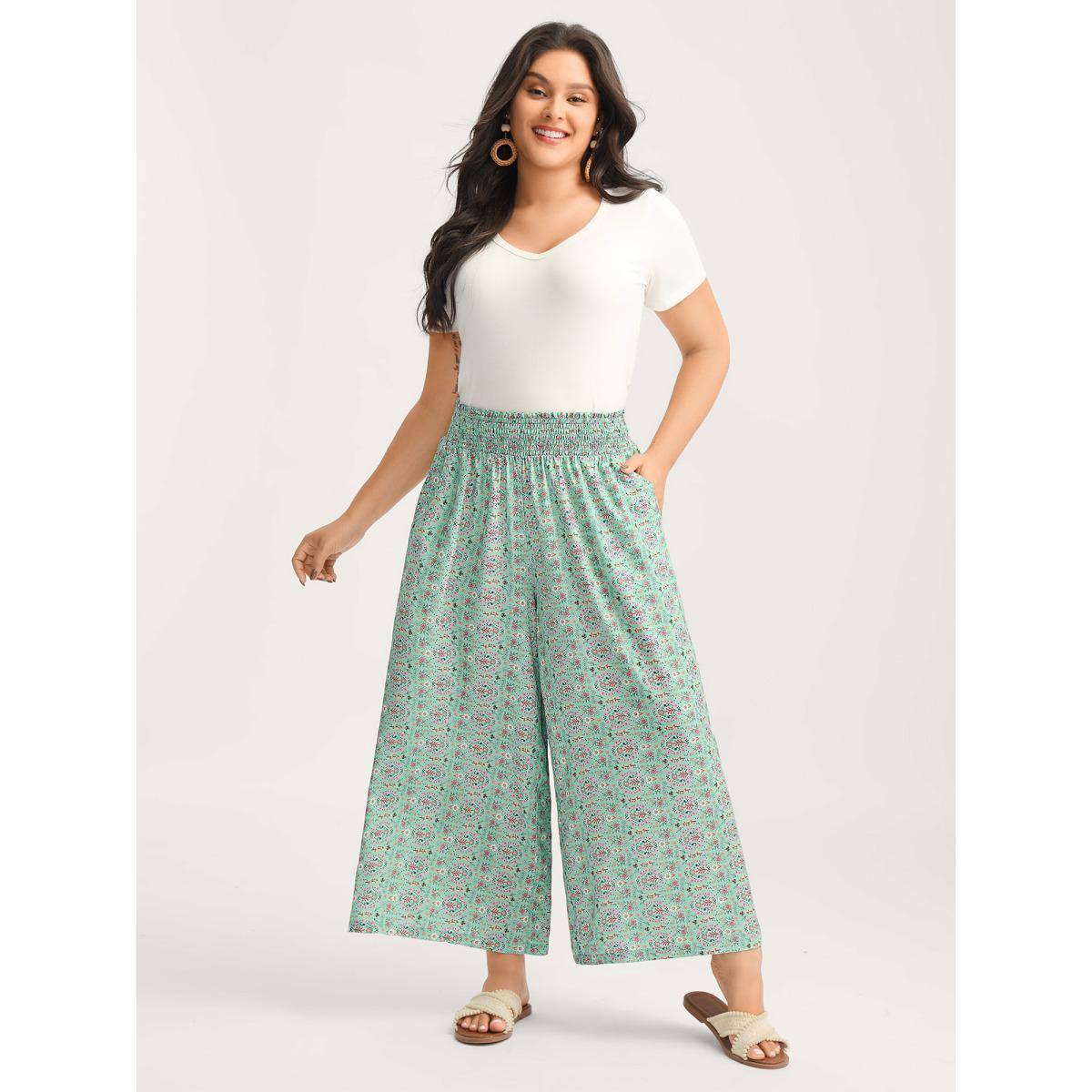 Plus Size Shirred Waist Floral Print Wide-Leg Pants Women Malachitegreen Beach Wide Leg Mid Rise Vacation Pants BloomChic 18-20/2X Product Image