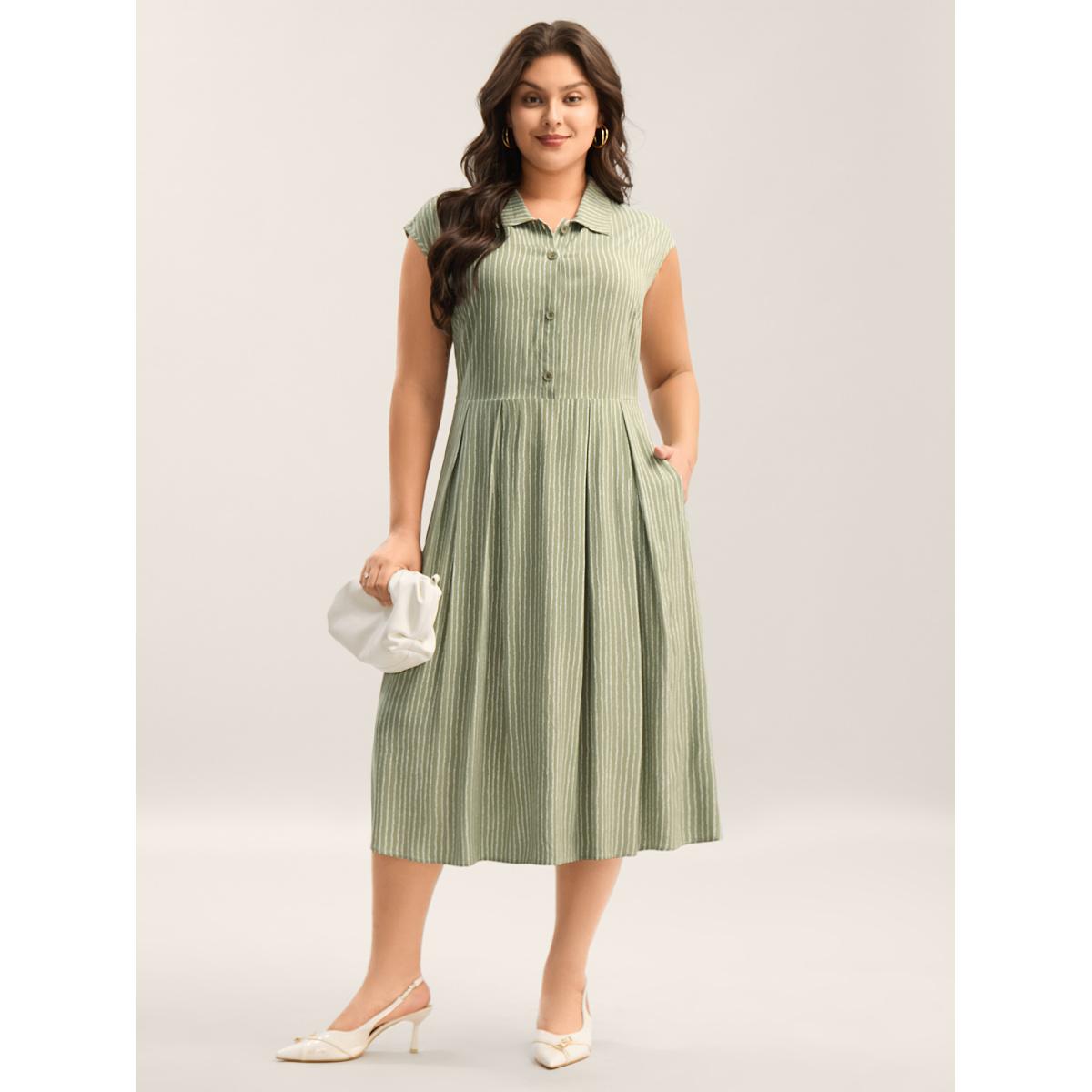 Plus Size Stripe Print Button Detail Collar Midi Dress Sage Women Shirt collar Cap Sleeve Curvy BloomChic 22-24/3X Product Image
