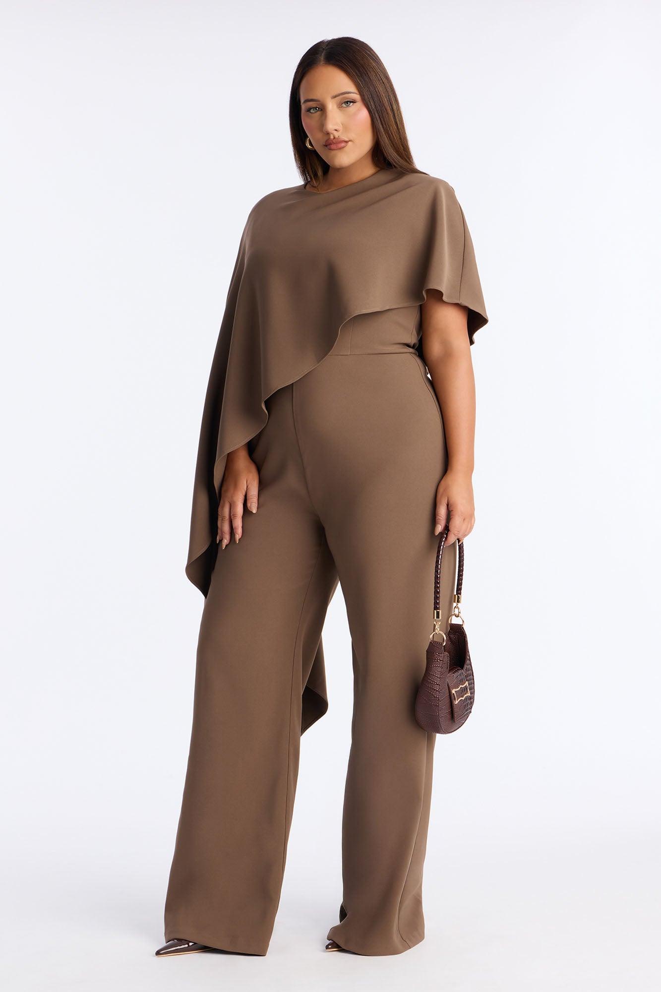 Working Woman Wide Leg Cape Sleeve Jumpsuit - Brown Female Product Image
