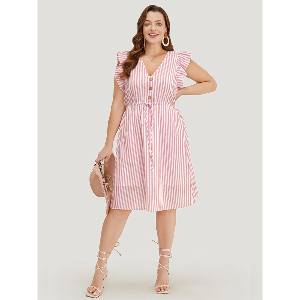 Plus Size Striped Print Button Detail Ruffle Trim Drawstring Dress Pink Women Vacation Drawstring V-neck Cap Sleeve Curvy Knee Dress BloomChic 18-20/2X Product Image