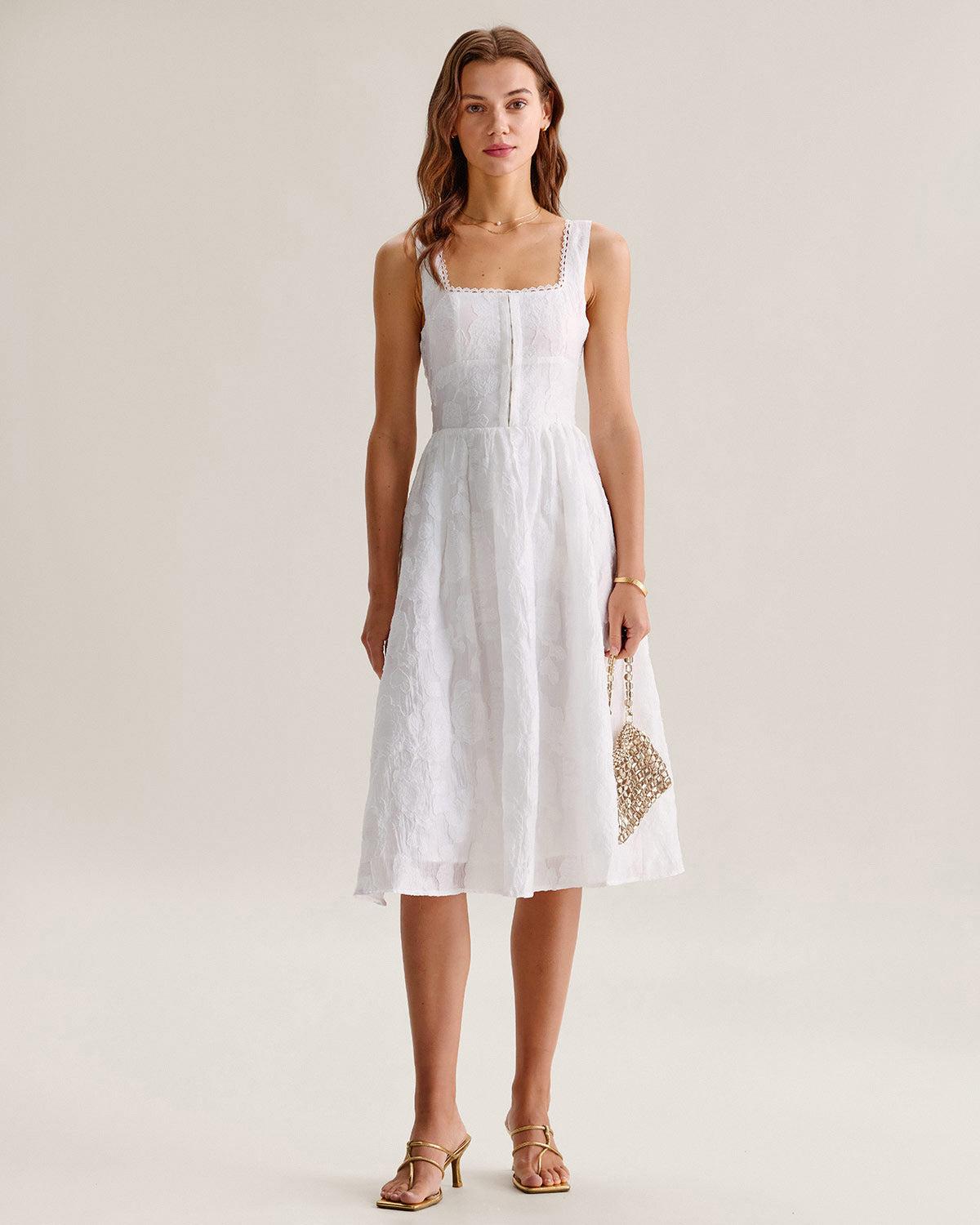 White Jacquard Shirred Slip Midi Dress Product Image