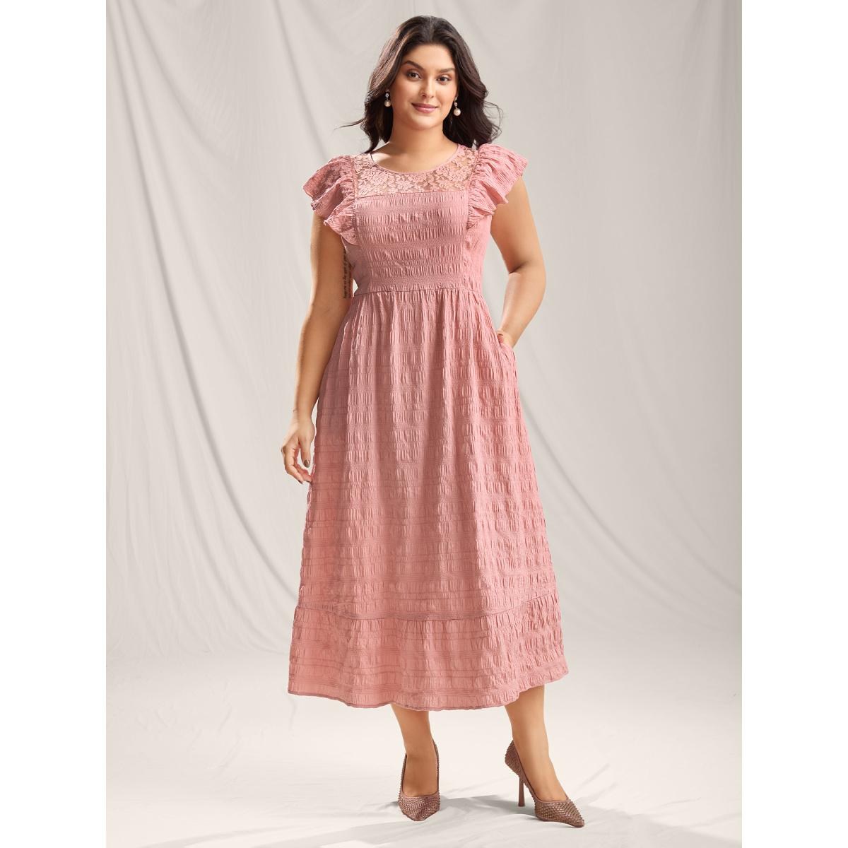 Plus Size Mesh Lace Neck Tiered Maxi Dress Salmon Women Round Neck Sleeveless Curvy BloomChic 26/4X Product Image