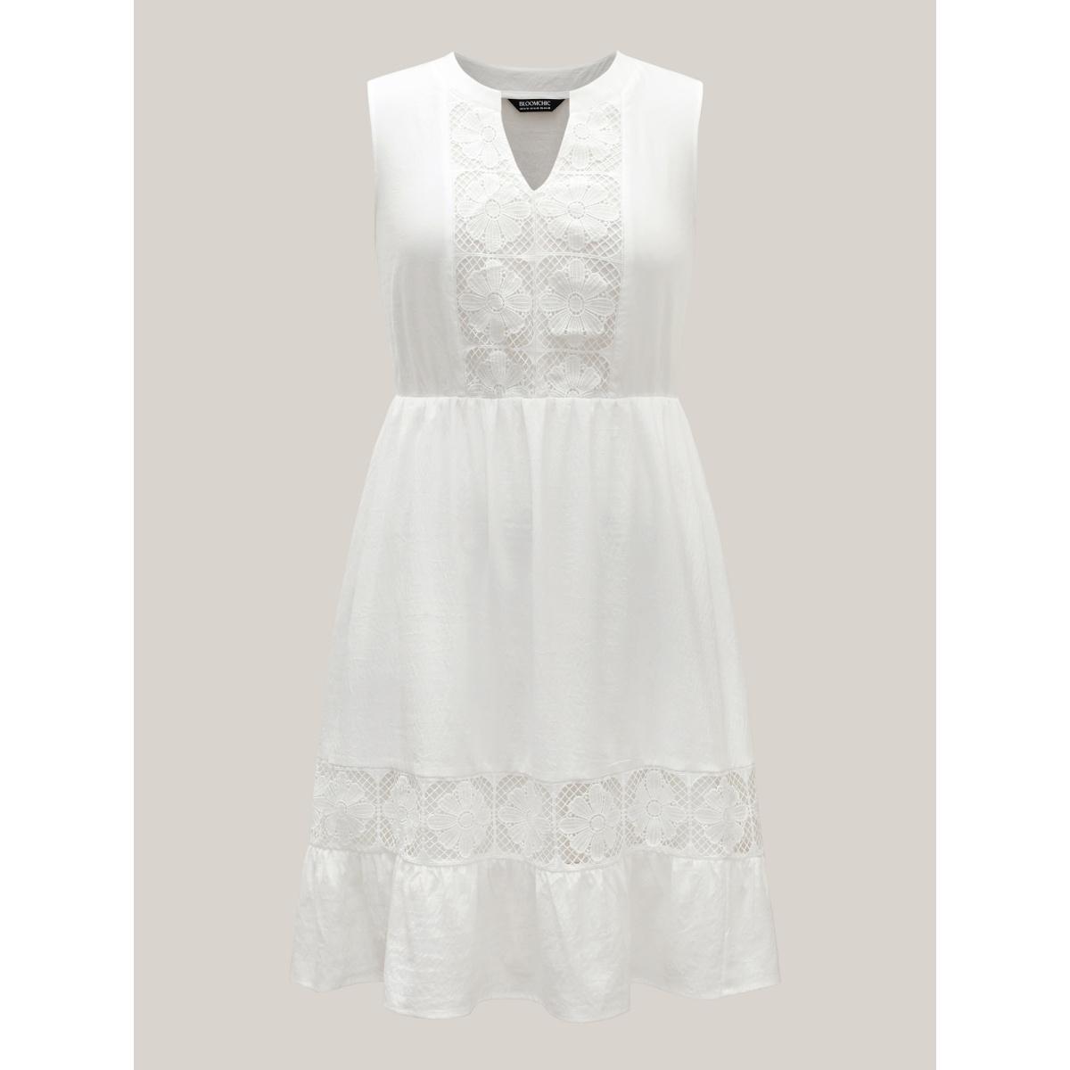 Plus Size Floral Textured Solid Tiered Hem Midi Dress Originalwhite Women Boho Flat collar with V-notch Sleeveless Curvy BloomChic 10/M Product Image