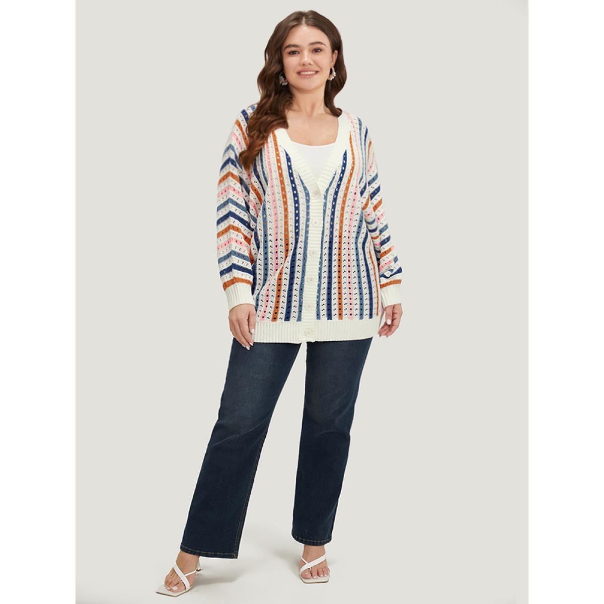 Plus Size Rainbow Striped Button Through Eyelet Cardigan Multicolor Women Casual Loose Long Sleeve Dailywear Cardigans BloomChic 26/4X Product Image