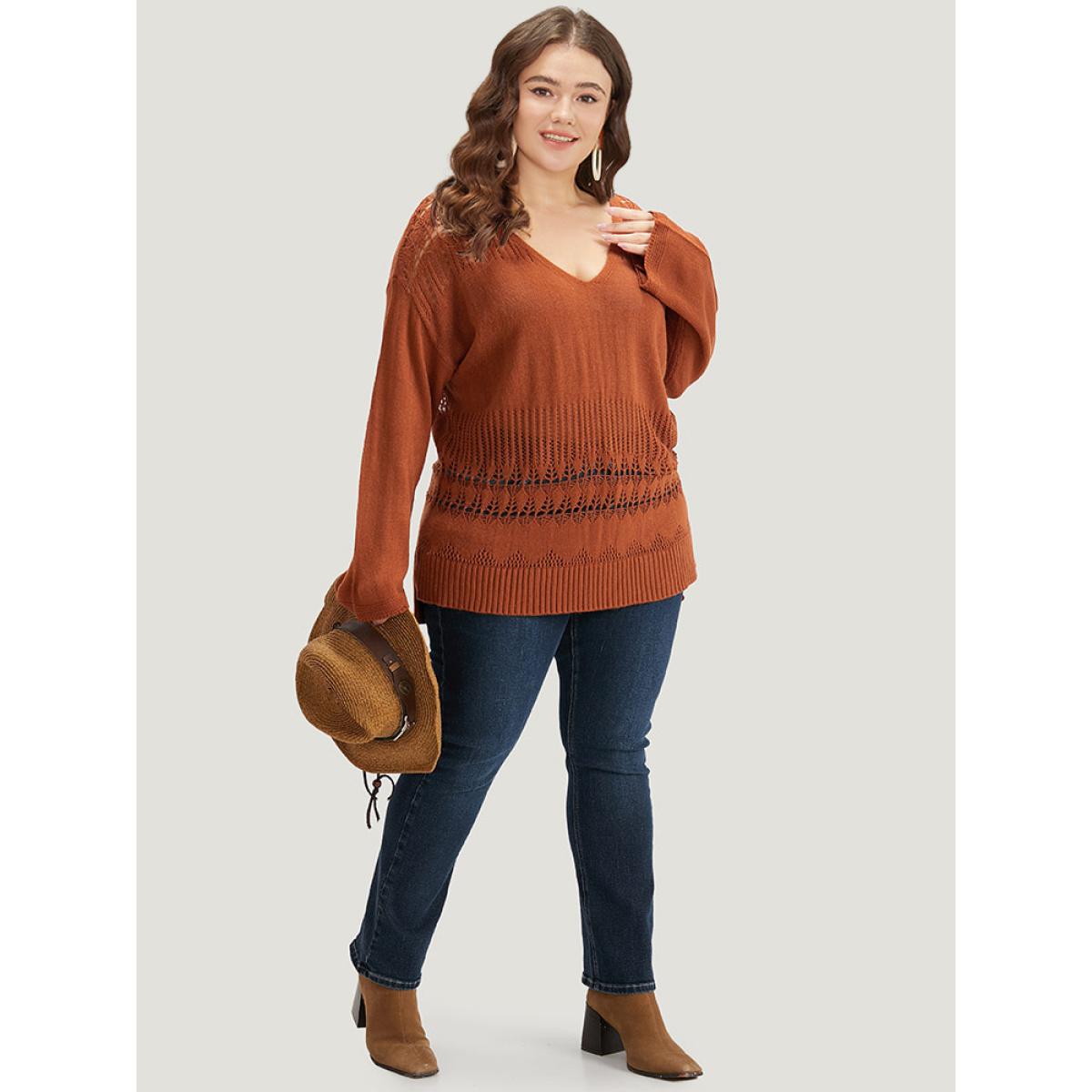 Plus Size Solid Hollow Out Split V Neck Pullover Chocolate Women Casual Loose Long Sleeve V-neck Everyday Pullovers BloomChic 10/M Product Image