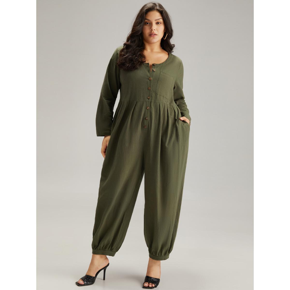 Plus Size ArmyGreen Plain Pocket Button Up Pleated Jumpsuit Women Basics Long Sleeve Round Neck Everyday Loose Jumpsuits BloomChic 28/5X Product Image