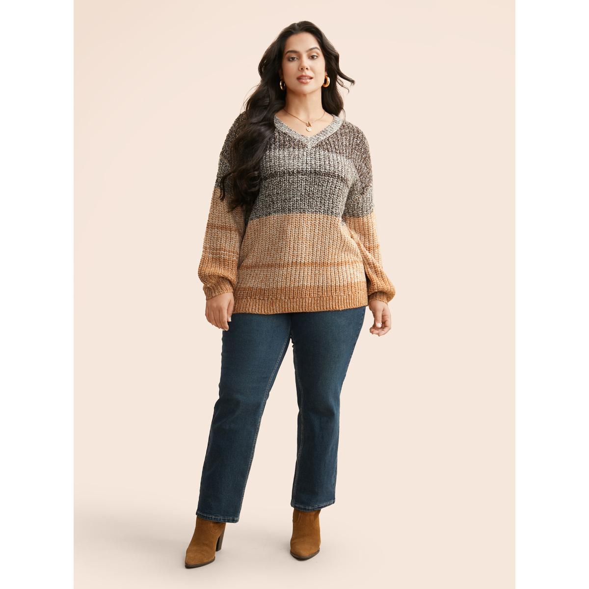 Plus Size Colorblock Contrast Puff Sleeve Pullover DarkBrown Women Casual Loose Long Sleeve V-neck Everyday Pullovers BloomChic 28/5X Product Image