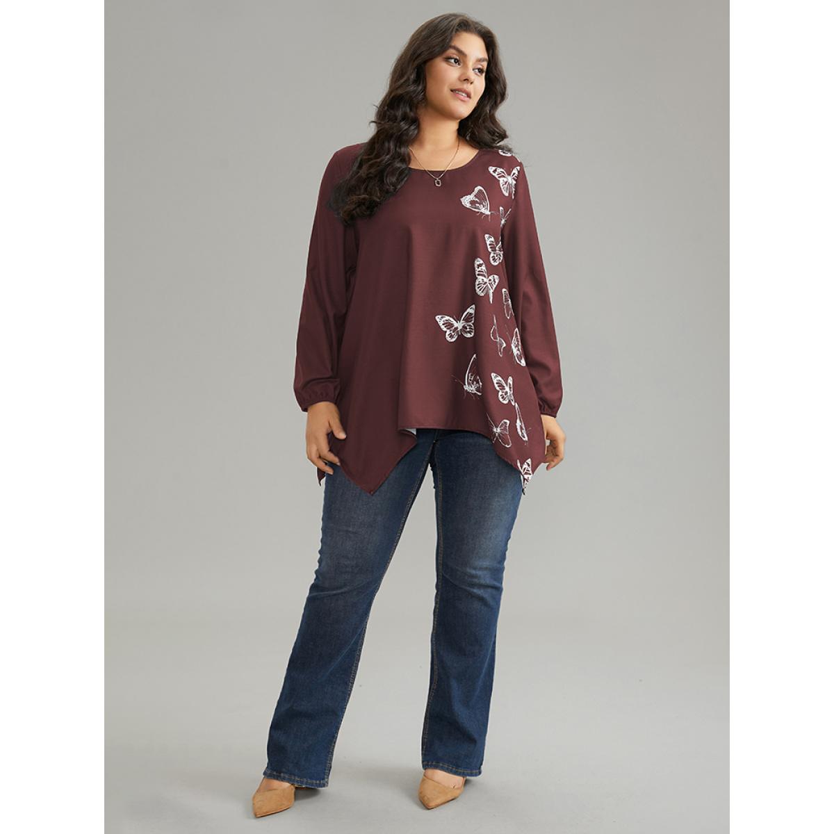 Plus Size Scarlet Butterfly Crew Neck Lantern Sleeve Hanky Hem Blouse Women Elegant Long Sleeve Round Neck Work Blouses BloomChic 28/5X Product Image