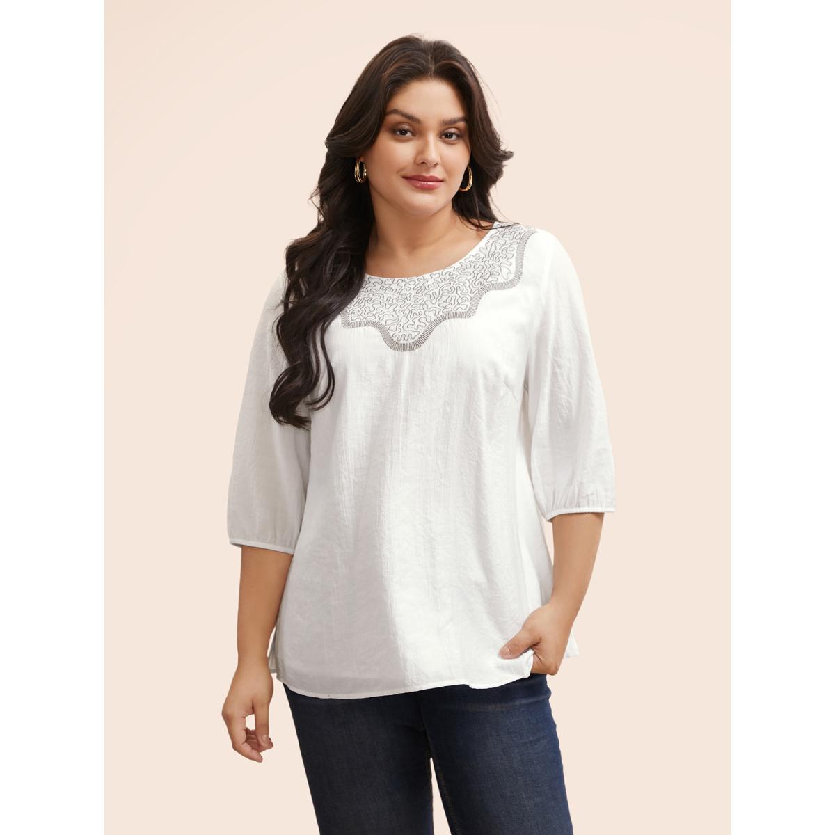 Plus Size WhiteSmoke Crew Neck Floral Embroidered Gathered Blouse Women Elegant Elbow-length sleeve Round Neck Everyday Blouses BloomChic 18-20/2X Product Image