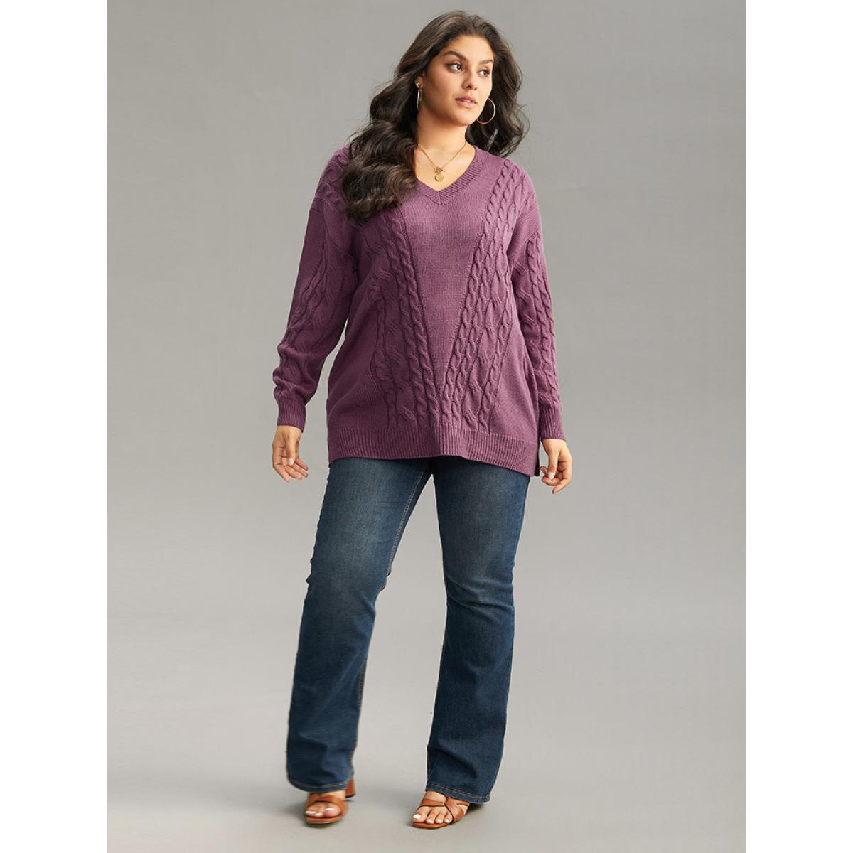 Plus Size Solid Cable Knit V Neck Split Side Pullover Mauve Women Casual Loose Long Sleeve V-neck Everyday Pullovers BloomChic 30/6X Product Image