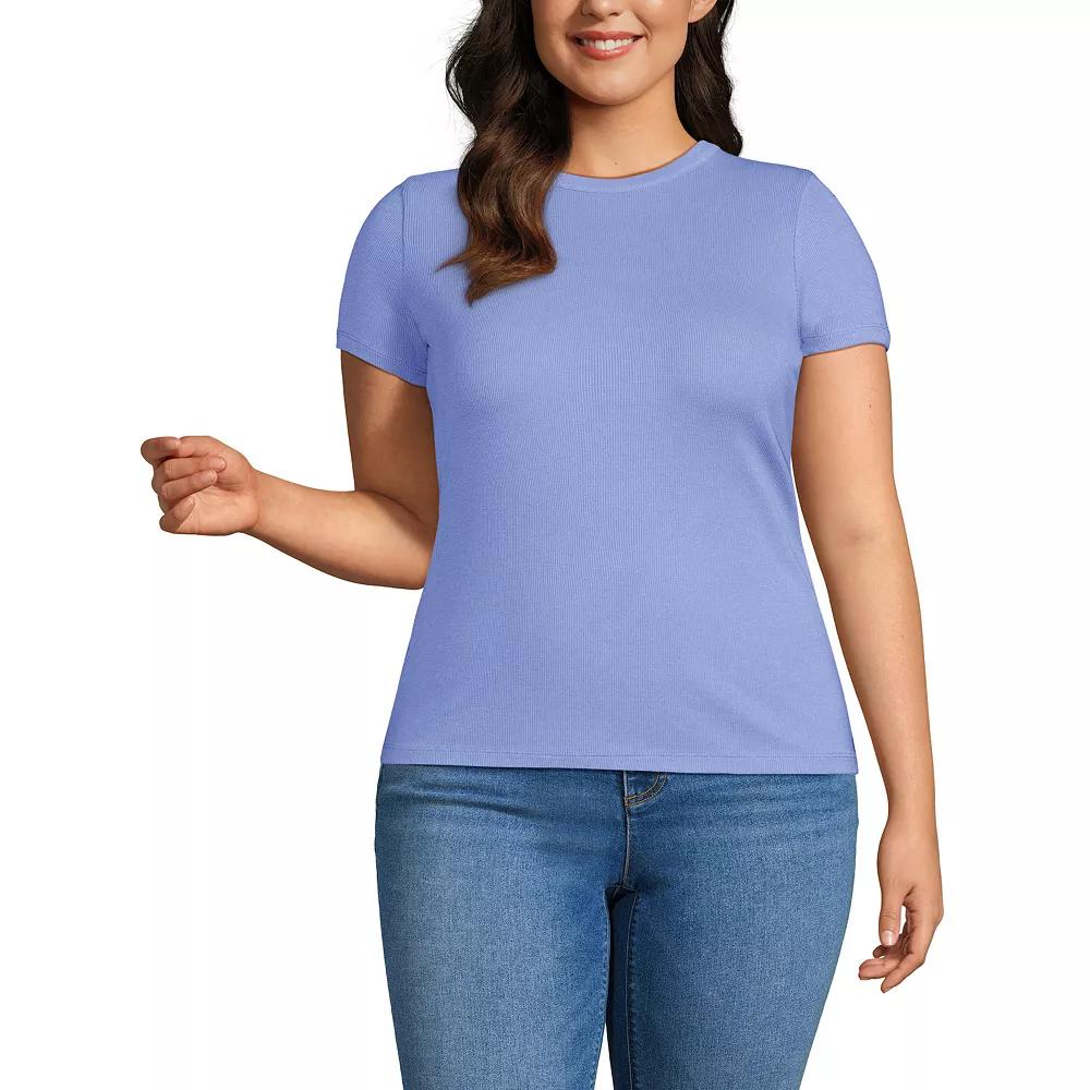 Plus Size Lands' End Drapey Rib Fitted Short Sleeve Mini T-Shirt, Women's, Size: 1XL, Ivory Navy Stripe Product Image