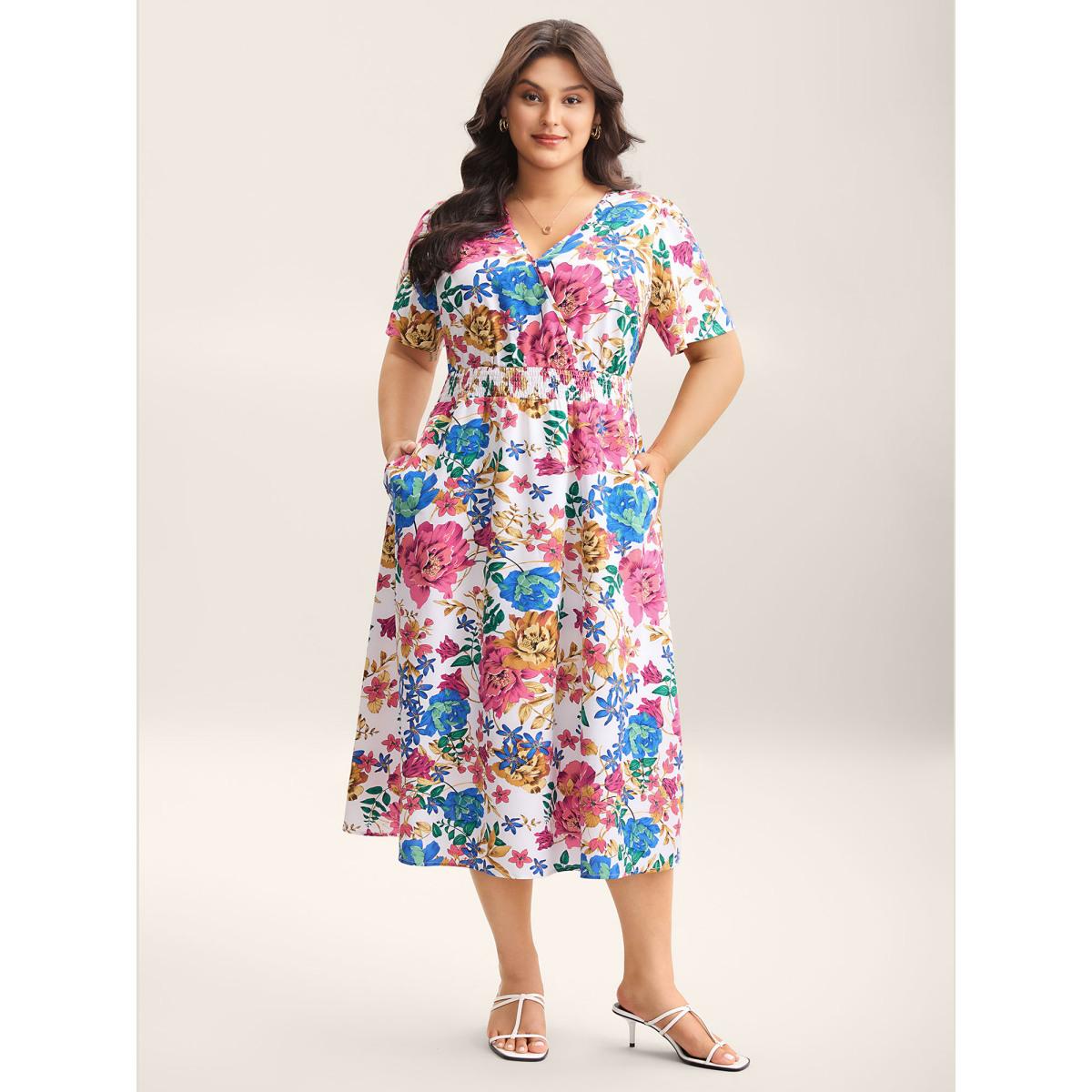 Plus Size Blooming Flowers Surplice Neck Pockets Dress Ivory Women Elegant Shirred Overlap Collar Short sleeve Curvy BloomChic 26/4X Product Image