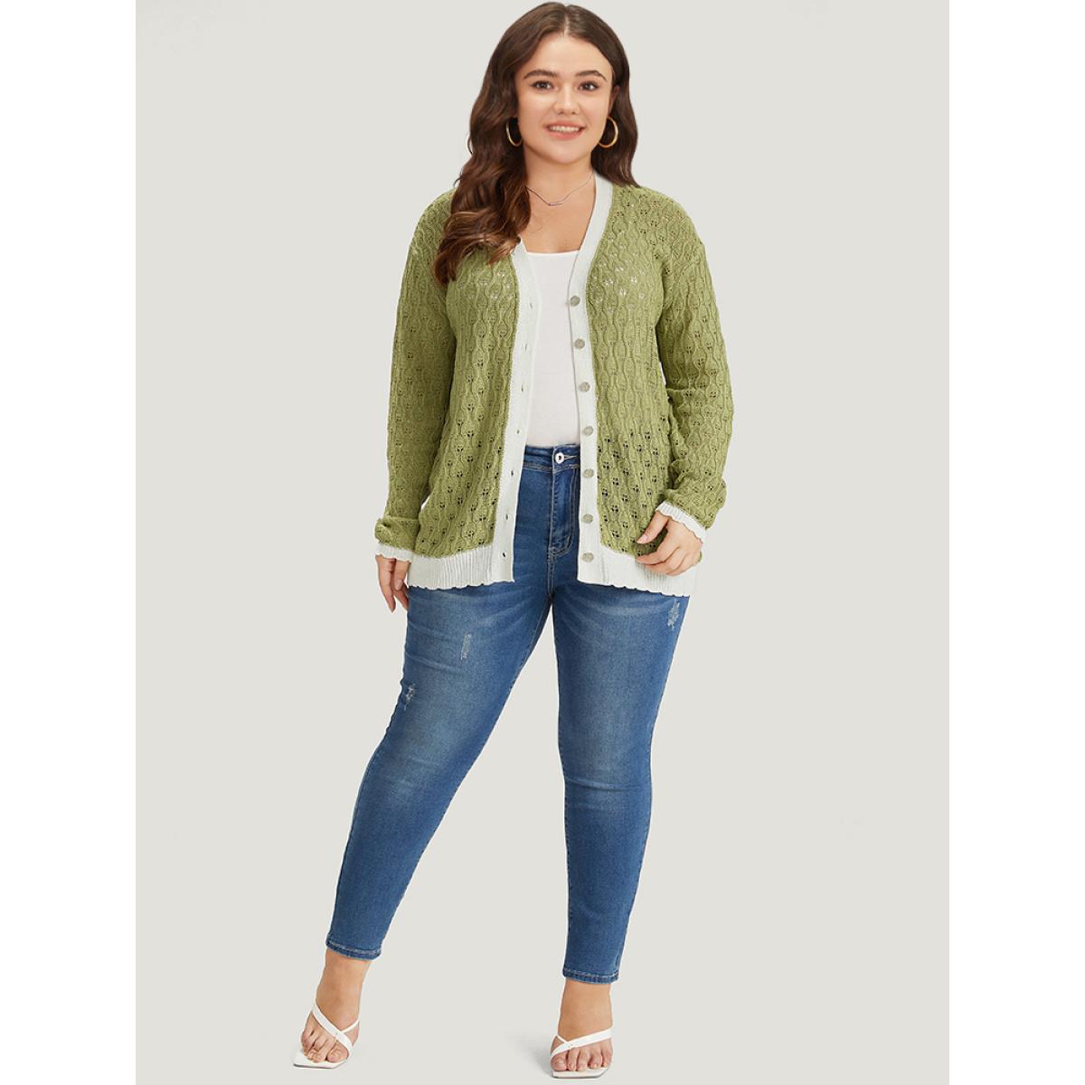 Plus Size Two Tone Patchwork Cut Out Button Down Cardigan Olive Women Casual Loose Long Sleeve Work Cardigans BloomChic 18-20/2X Product Image
