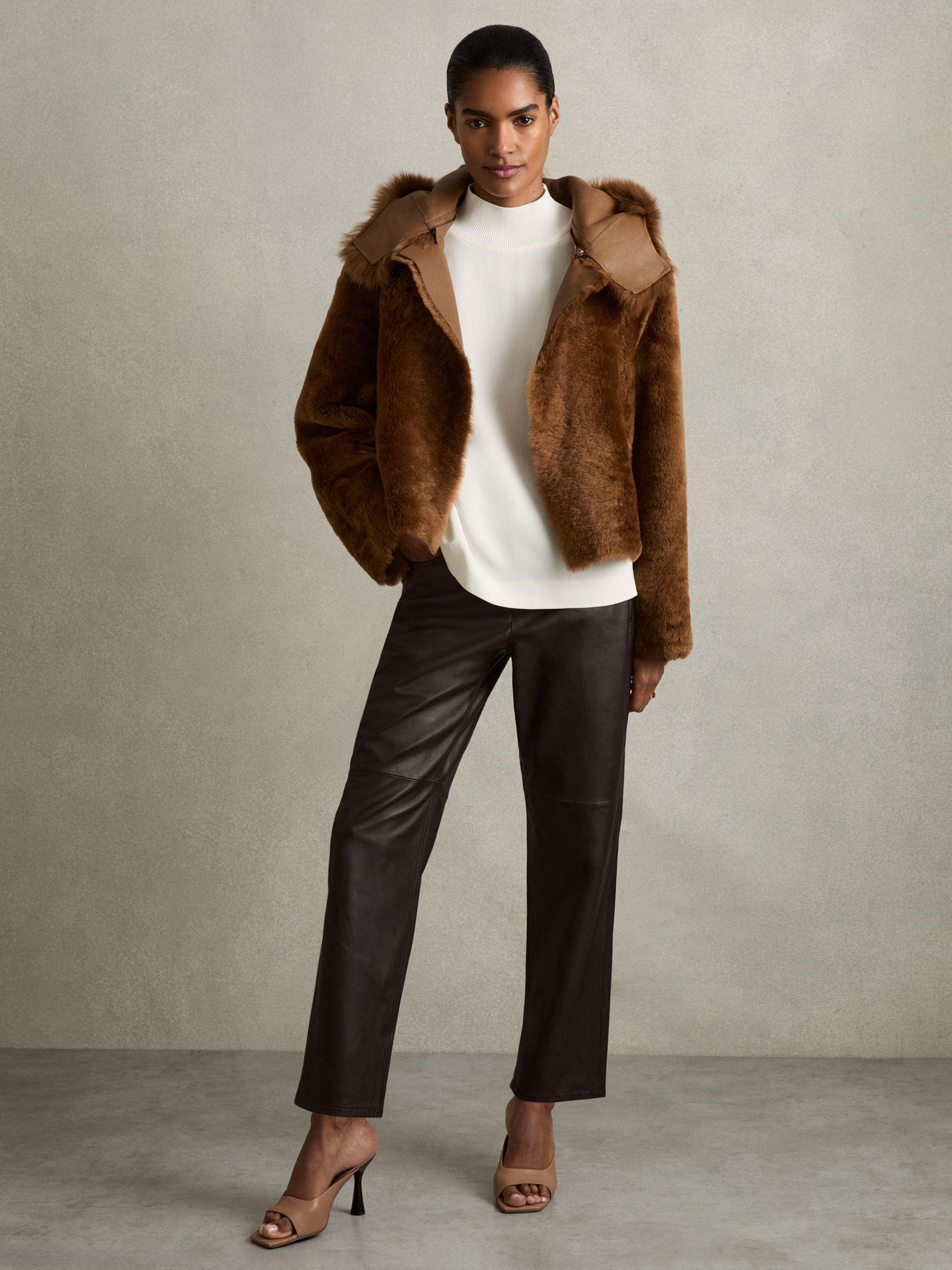 Shearling Removable Hood Jacket in Tan Product Image