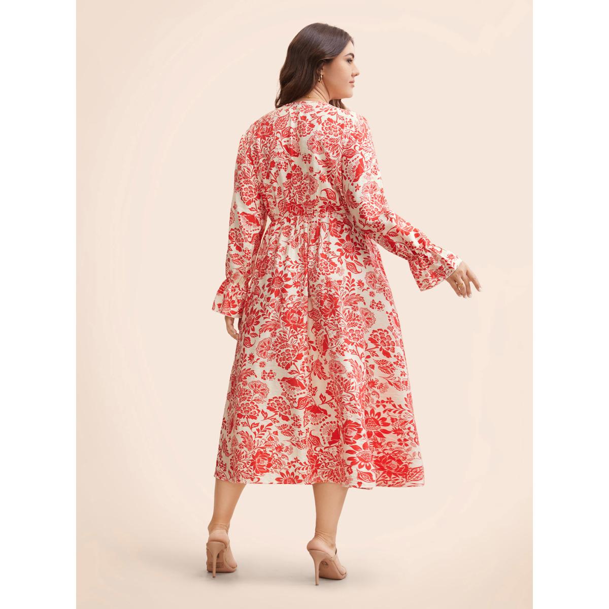 Plus Size Floral Lantern Sleeve Ruffle Trim Dress Crimson Women Elegant Ruffles V-neck Long Sleeve Curvy BloomChic 22-24/3X Product Image