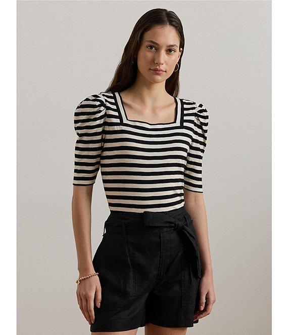 Lauren Ralph Lauren Cotton Jersey Striped Square Neck Puff Sleeve Tee Product Image