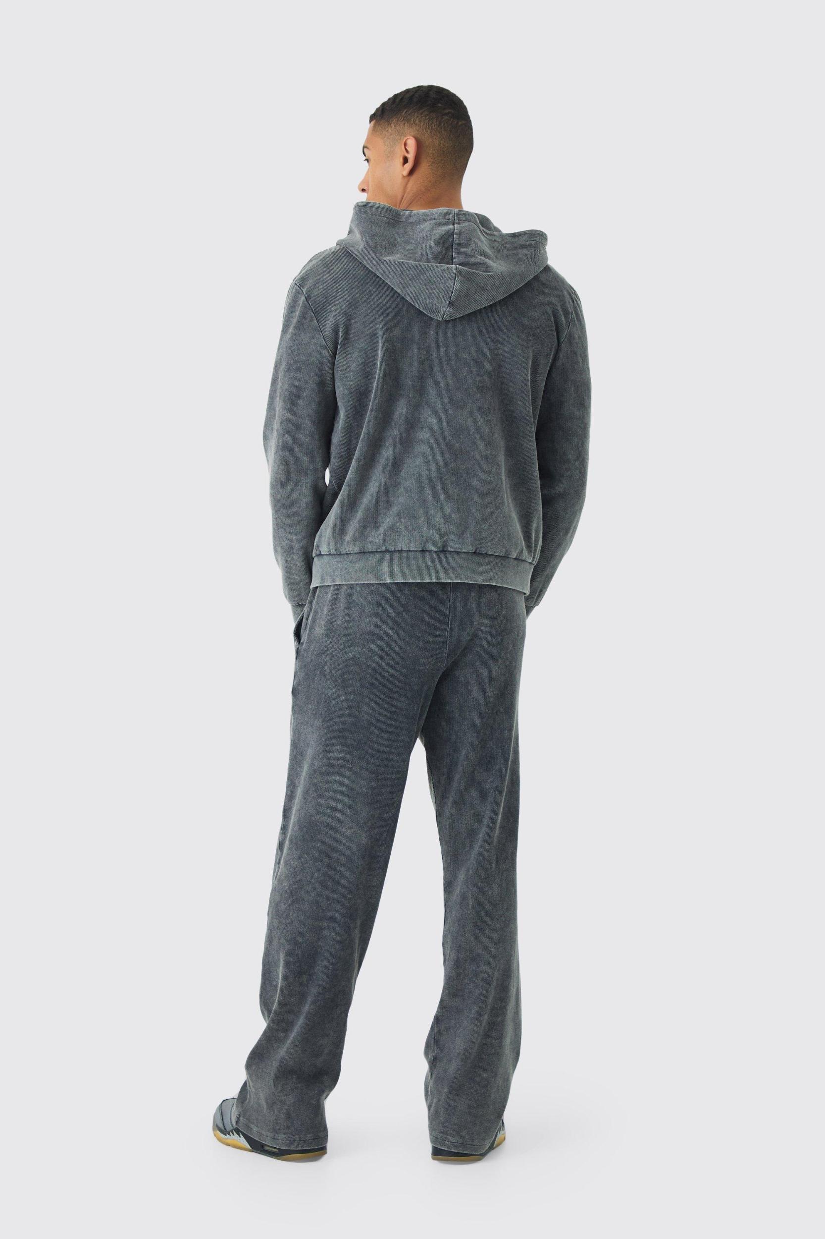 Regular Fit Washed Rib Man Embroidered Zip Through Hoodie | boohooMAN USA Product Image