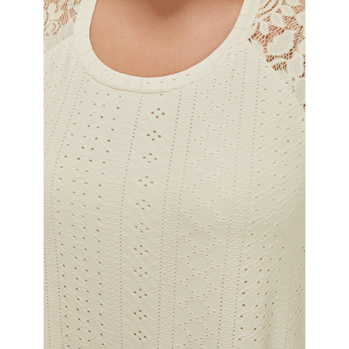 Plus Size Plain Lace Sleeve Pocket Arc Hem Broderie Anglaise Dress Beige Women Casual Lined Round Neck Short sleeve Curvy Midi Dress BloomChic 22-24/3X Product Image