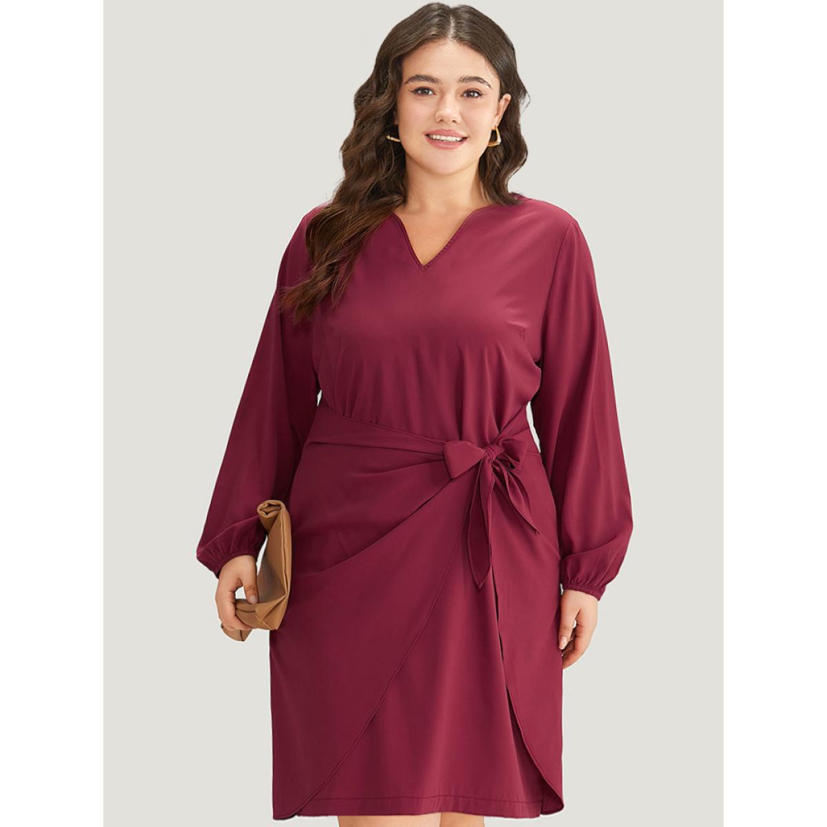 Plus Size Anti-Wrinkle Solid Ties Lantern Sleeve Dress Scarlet Women Office Elastic cuffs Notched collar Long Sleeve Curvy Knee Dress BloomChic 30/6X Product Image