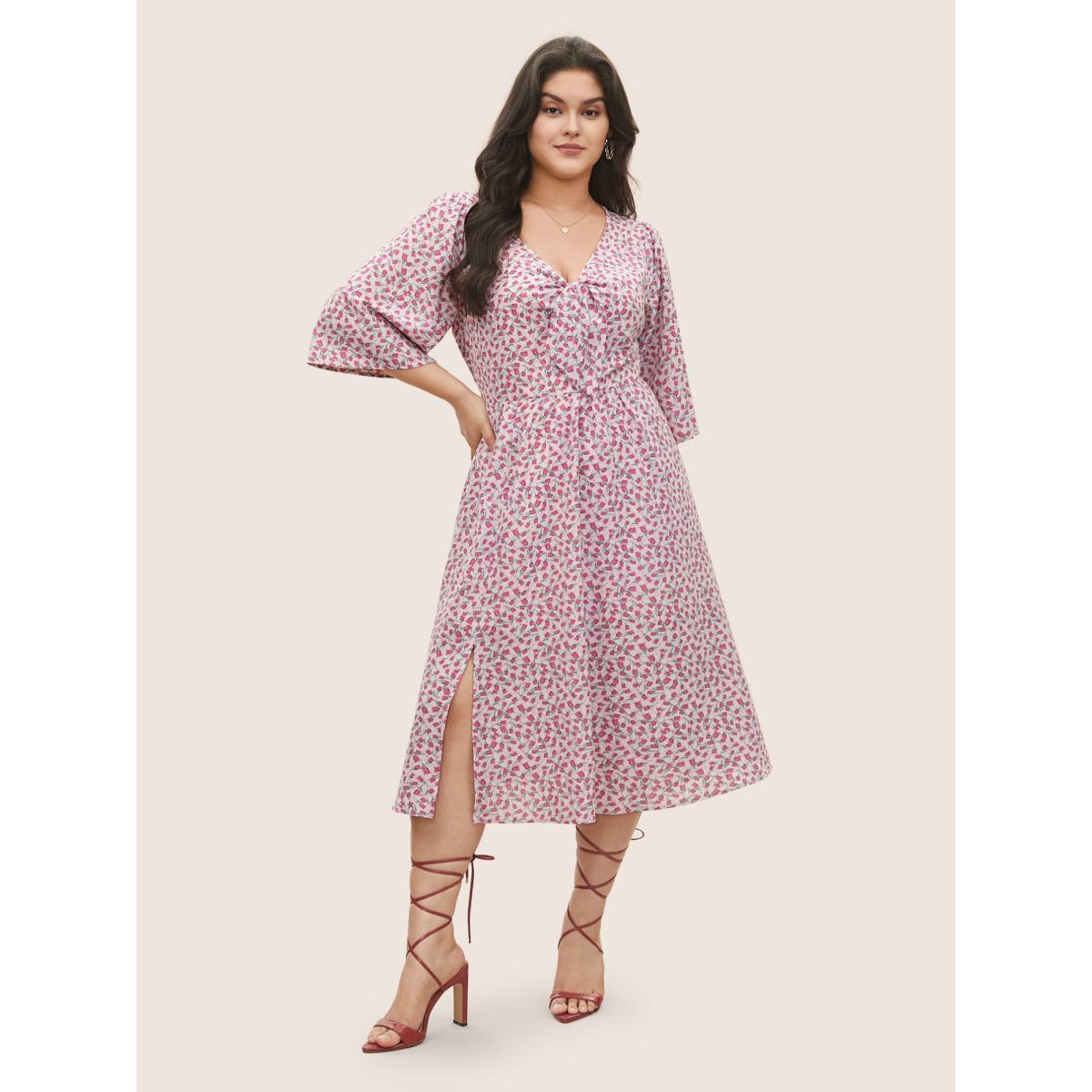 Plus Size Ditsy Floral Tie Neck Elastic Waist Dress Pink Women Elegant Non V-neck Half Sleeve Curvy Midi Dress BloomChic 28/5X Product Image