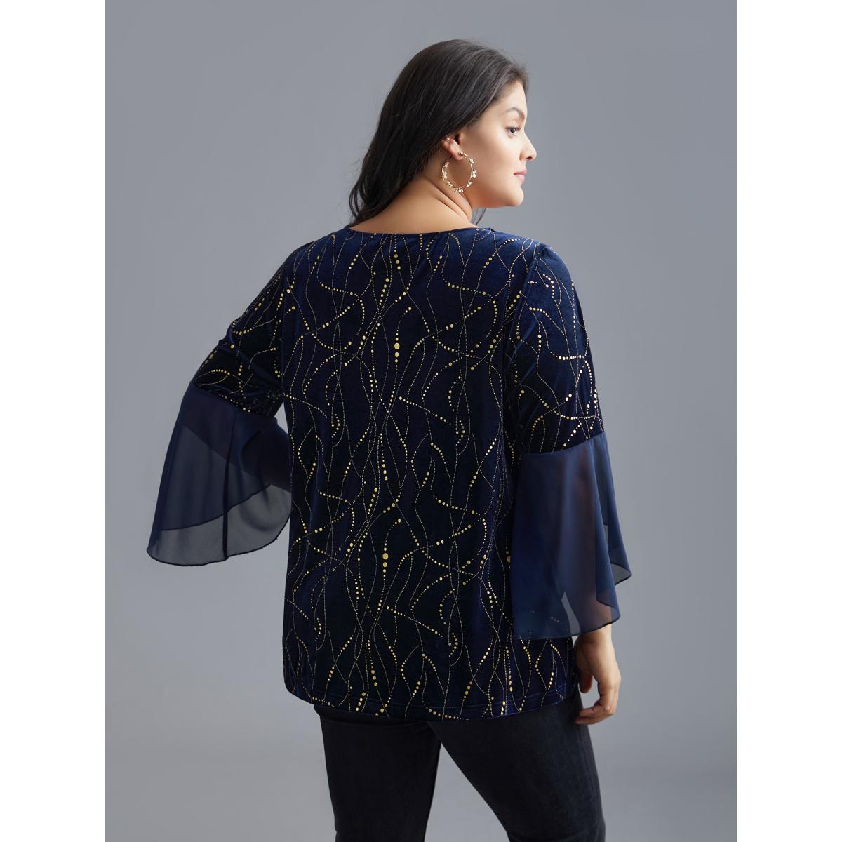 Plus Size Indigo Velvet Glitter Mesh Bell Sleeve Patchwork Blouse Women Cocktail Elbow-length sleeve Round Neck Party Blouses BloomChic 12/L Product Image