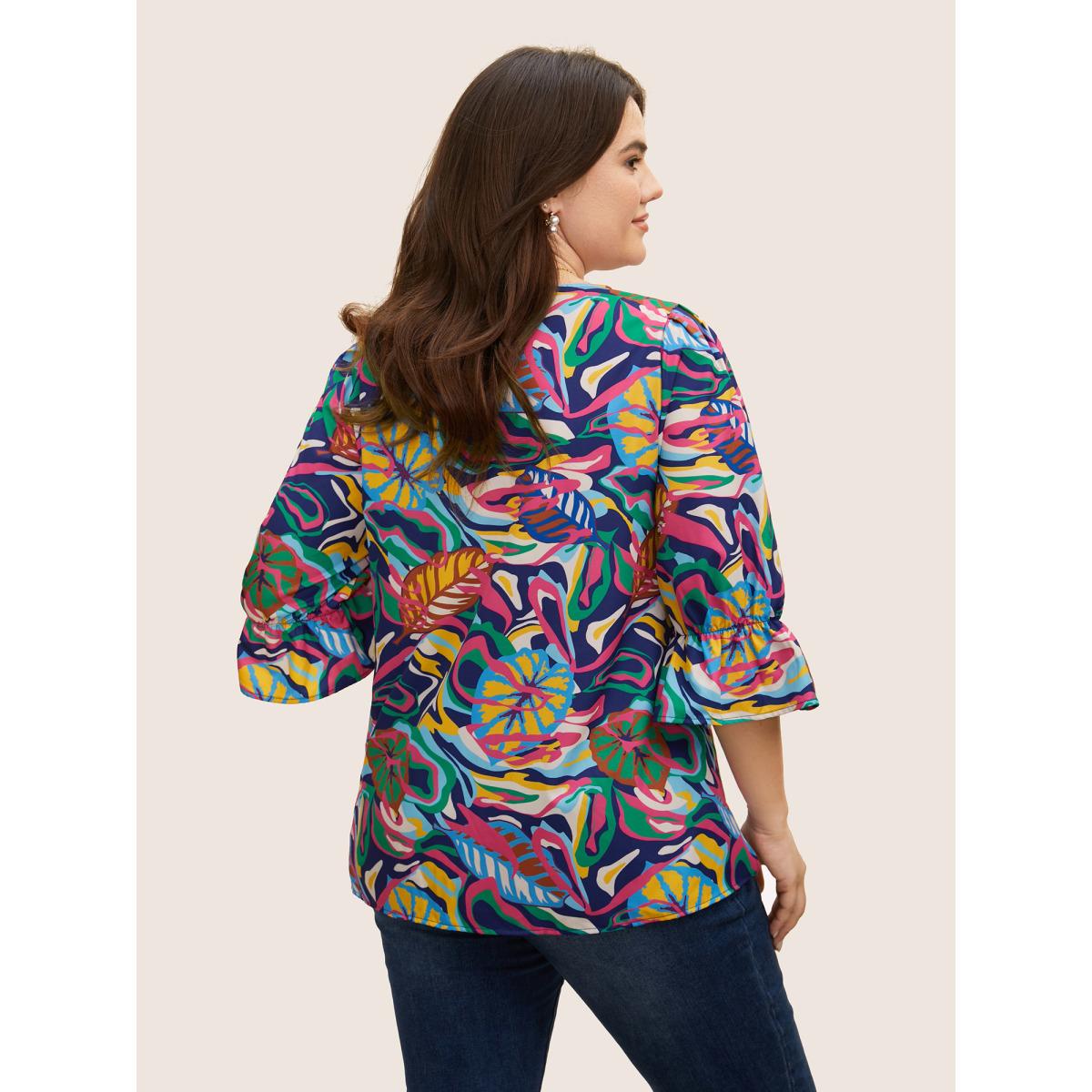Plus Size Multicolor Tropical Print Notched Lantern Sleeve Blouse Women Elegant Elbow-length sleeve Notched collar Everyday Blouses BloomChic 12/L Product Image