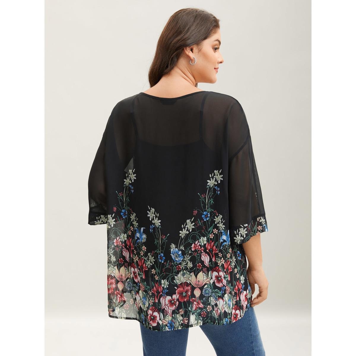 Plus Size Black Floral Print Sheer Round Neck Blouse Women Elbow-length sleeve Round Neck Everyday-Elegant Blouses BloomChic 30/6X Product Image