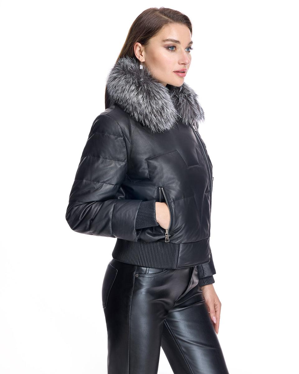Leather Bomber Jacket With Silver Fox Collar Product Image