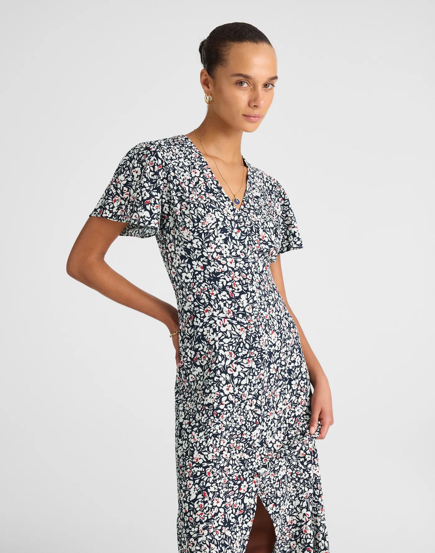 Button-Front Flutter-Sleeve Midi Dress in Floral Product Image