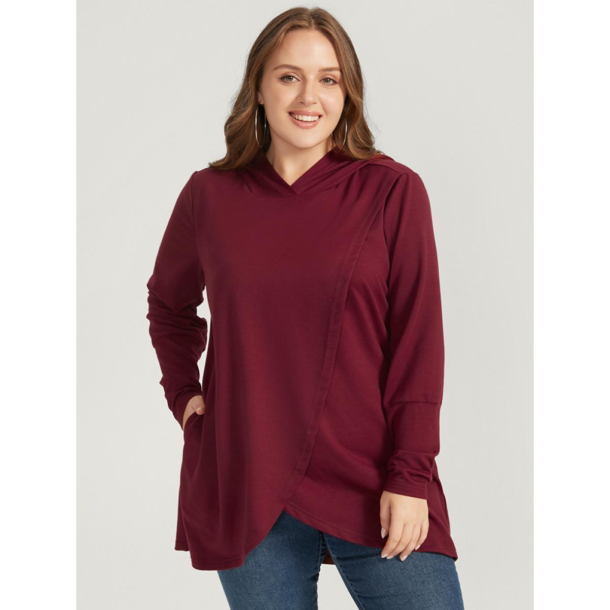 Plus Size Solid Pocket High Low Hem Hooded Sweatshirt Women Burgundy Casual Pocket Hooded Dailywear Sweatshirts BloomChic 18-20/2X Product Image