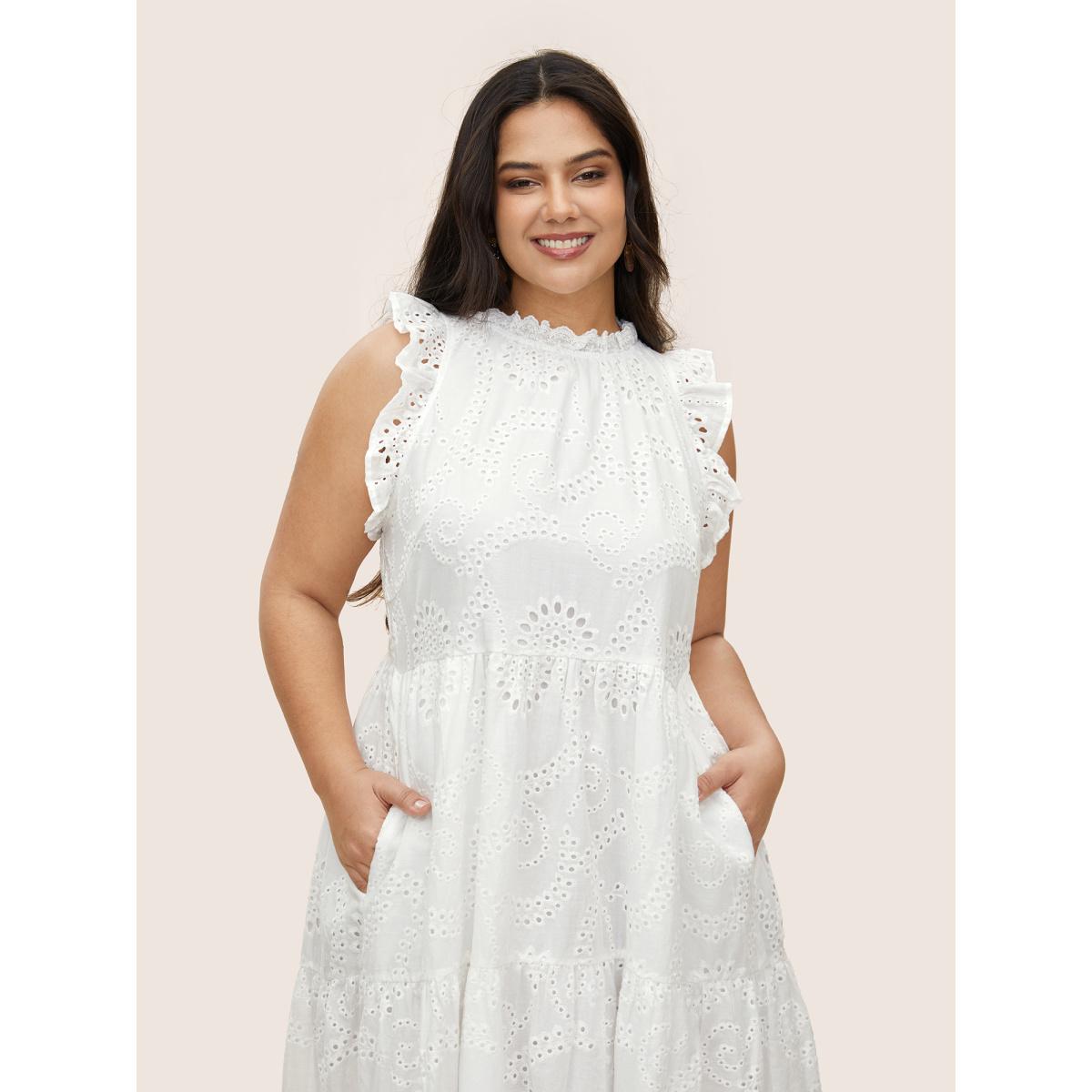 Plus Size Mock Neck Broderie Anglaise Ruffle Trim Dress White Women Resort Patchwork Round Neck Cap Sleeve Curvy Midi Dress BloomChic 10/M Product Image