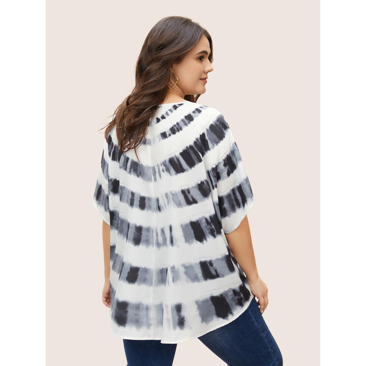 Plus Size Black Tie Dye Metal Detail Batwing Sleeve Blouse Women Casual Half Sleeve V-neck Everyday Blouses BloomChic 22-24/3X Product Image