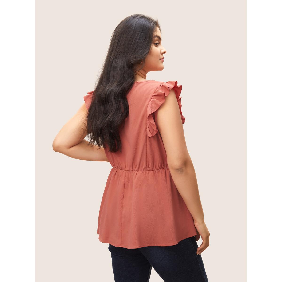 Plus Size Deep V Neck Ruffles Button Detail Gathered Tank Top Women Coral Casual Texture Deep V-neck Everyday Tank Tops Camis BloomChic 22-24/3X Product Image