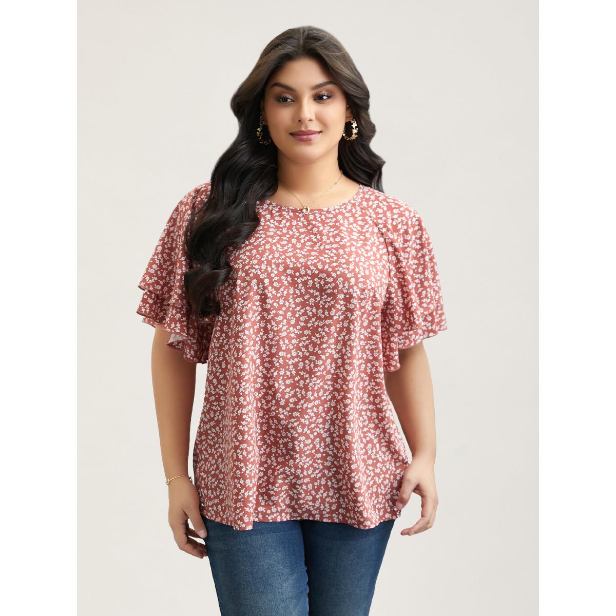 Plus Size Rouge Ditsy Floral Print Tiered Lotus Leaf Sleeve Shirt Women Timeless Short sleeve Round Neck Elegant Blouses BloomChic 12/L Product Image