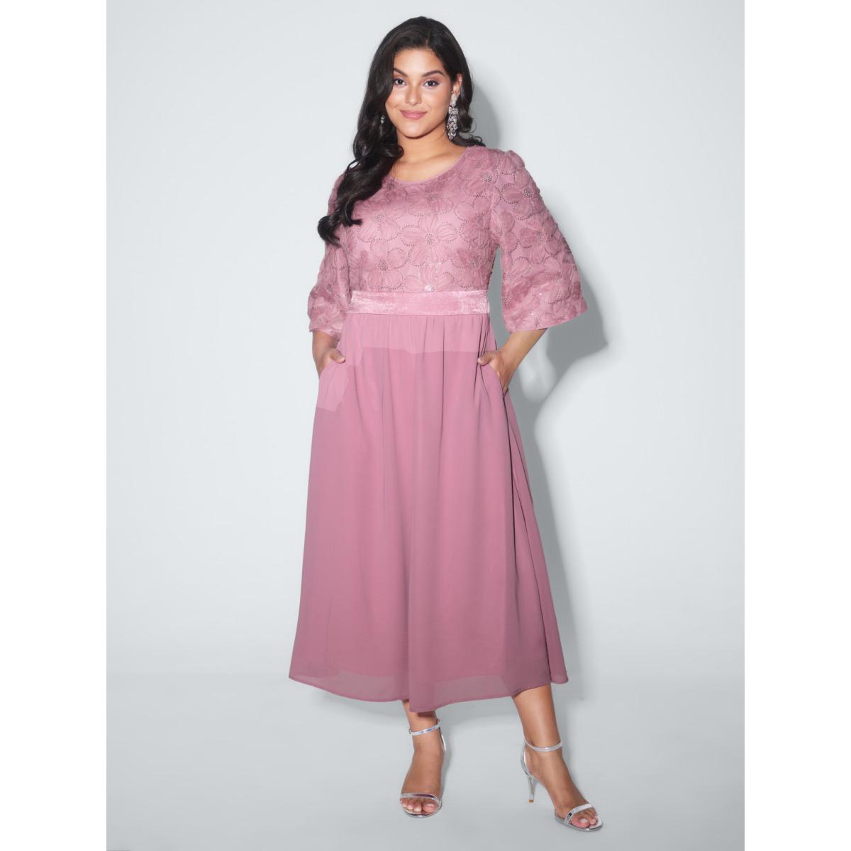 Plus Size Sequin Floral Tulle Shirred Waist Maxi Dress DustyPink Women Party&Cocktail Party Curvy Bloomchic 12/L Product Image